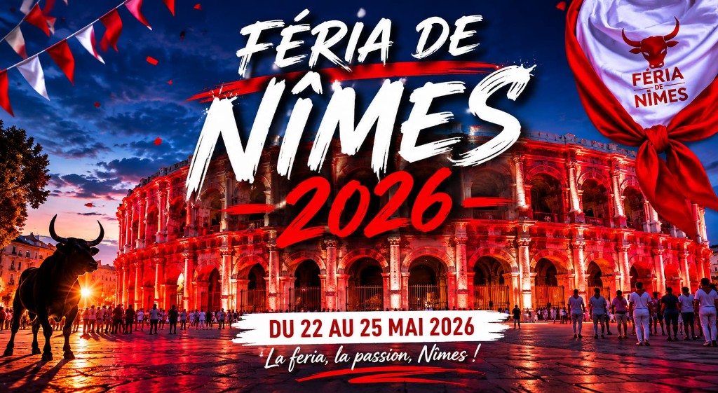 Affiche Féria de Nîmes 2026 : les Arènes illuminées, du 22 au 25 mai.