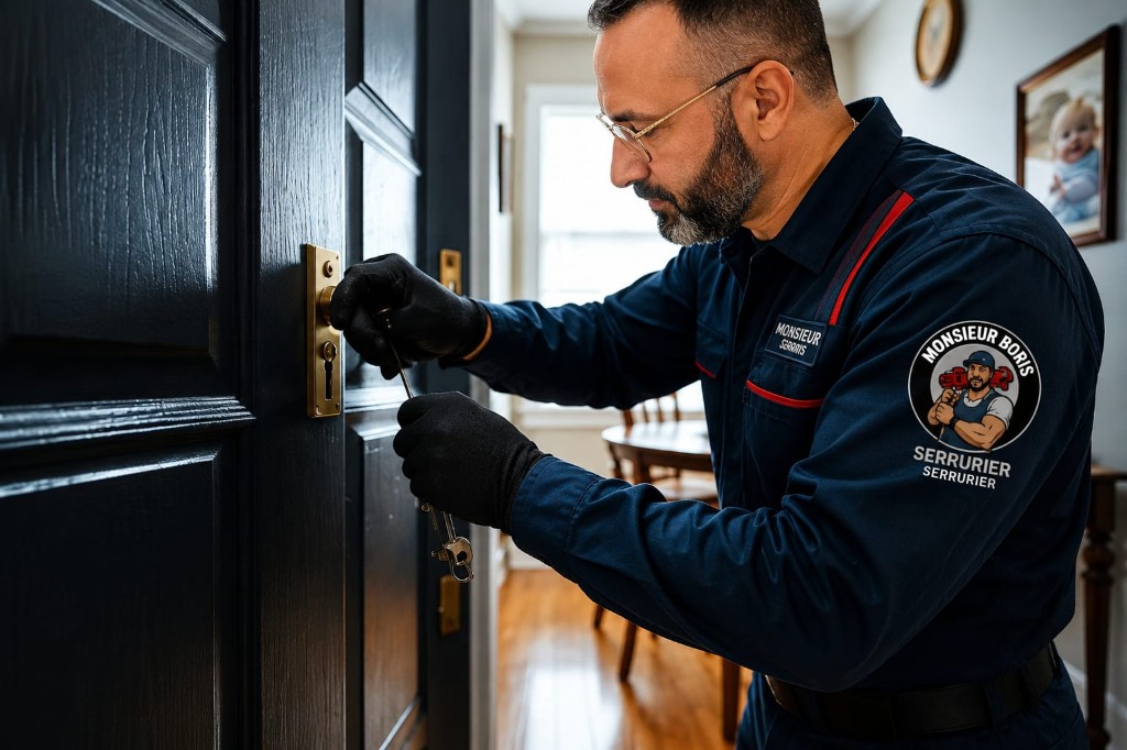 Serrurier en intervention sur une porte d’entrée : réglage du cylindre avec outils de métier.