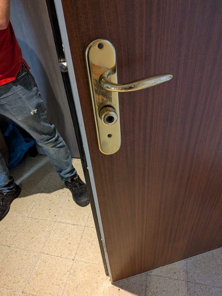 Porte bois foncé légèrement entrouverte, ensemble poignée et cylindre en laiton sur plaque.