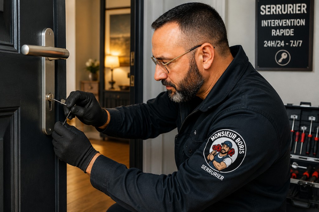 Serrurier professionnel au travail près d’une porte, panneau d’intervention rapide en arrière-plan.