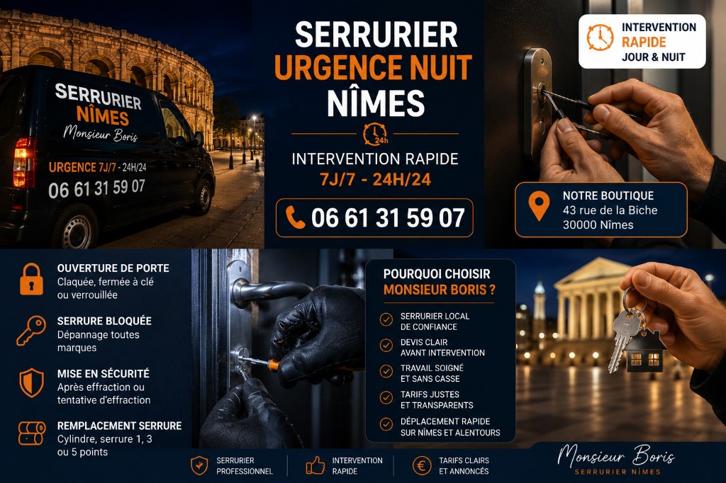 Visuel promotionnel : serrurier urgence nuit Nîmes, ouverture de porte, serrure bloquée, intervention 7j/7, boutique 43 rue de la Biche.