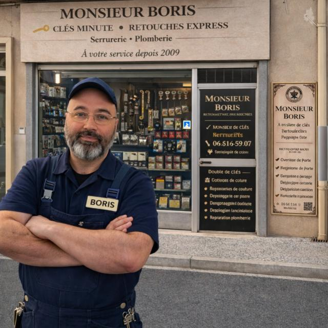 Monsieur Boris devant son atelier — clés minute et serrurerie à Nîmes